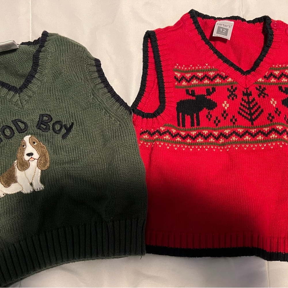 Gymboree and Carters red and Green sweater vests  cotton Moose and Basset Hound